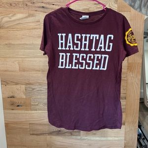 Maroon hashtag blessed PINK top